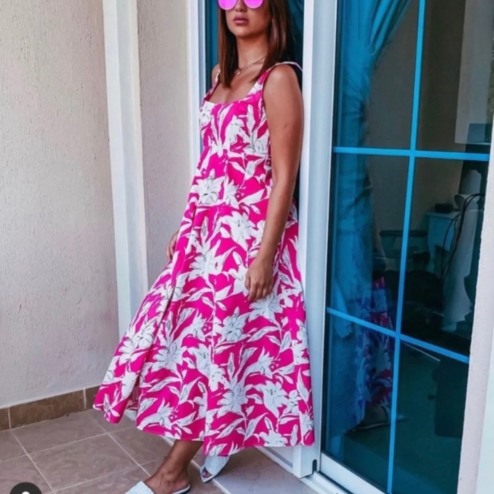 Zara pink white floral print poplin dress midi blo